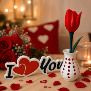 Regalos para San Valentín. Cartel I love you y flor en jarrón.
