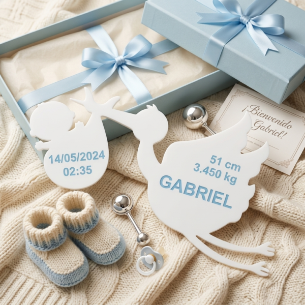 Cigüeña con los datos del bebé personalizada