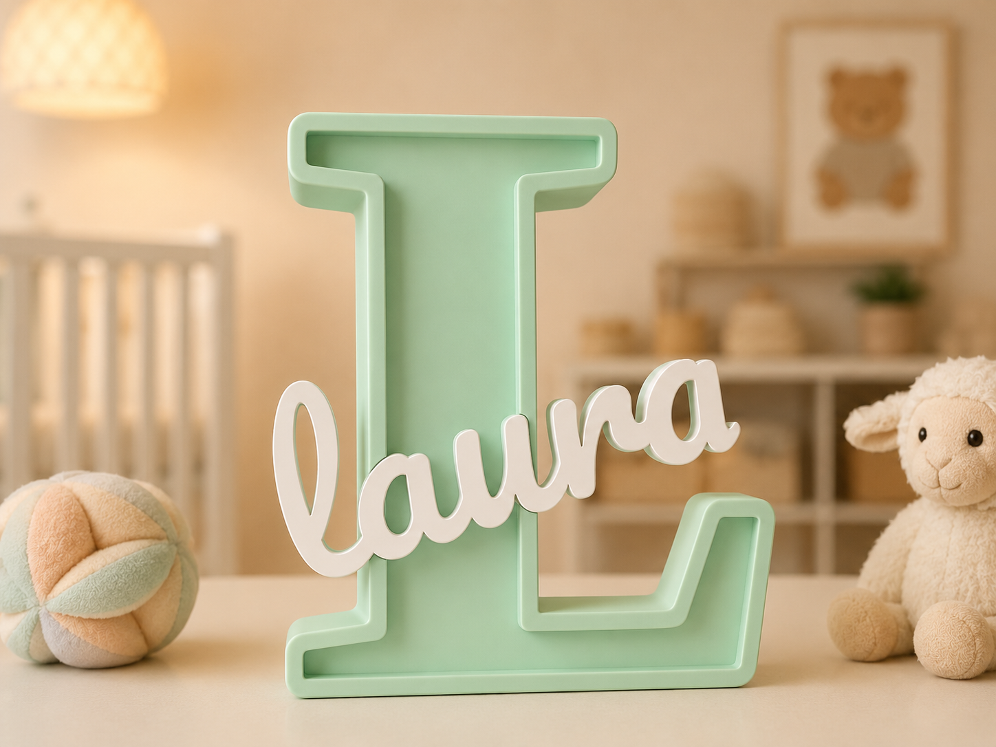 Letrero infantil personalizado con inicial y nombre — ejemplo Laura en verde menta y blanco