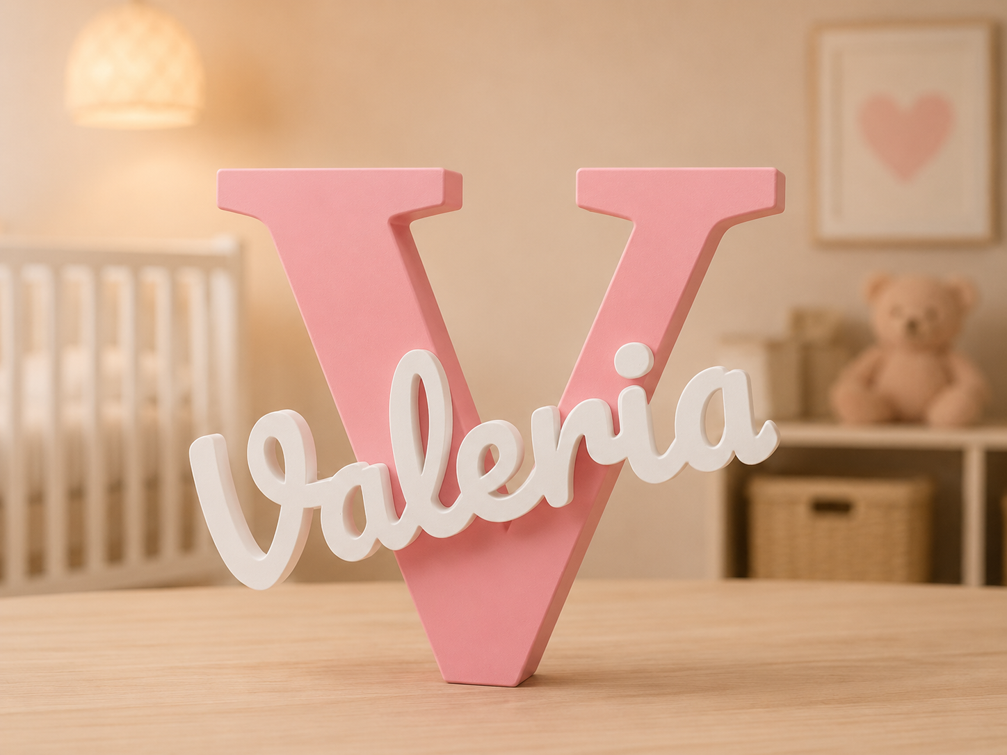 Letrero infantil personalizado con inicial y nombre — ejemplo Valeria en rosa y blanco